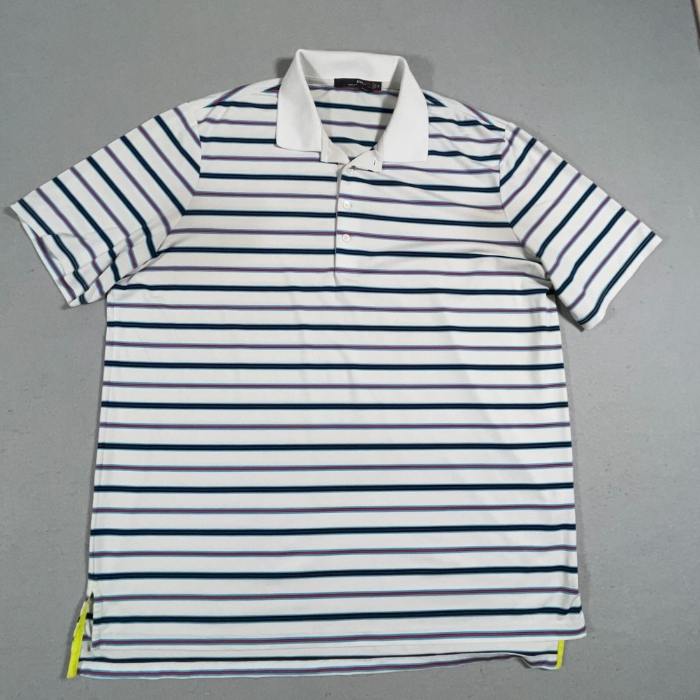 RLX Ralph Lauren Polo Men XL Athletic Fit White Striped Golf Performance Preppy
